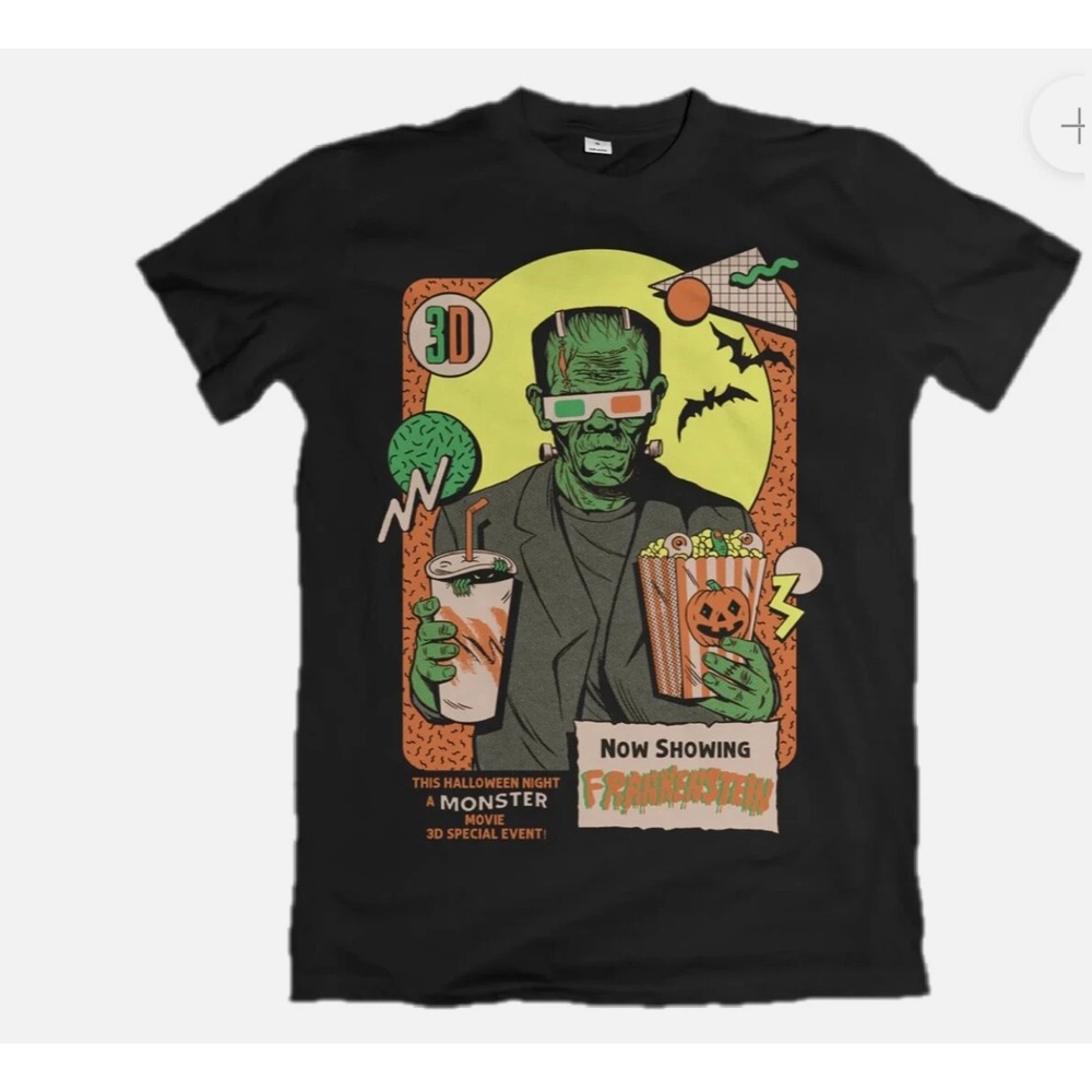 Frankenstein Halloween T-Shirt 3D Glasses Popcorn Soda Retro Horror Movie Tee M